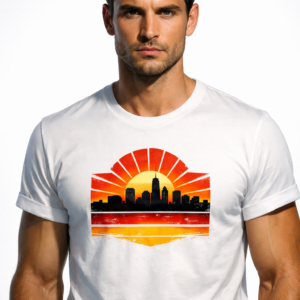 MosLuxarTrend Men’s White Cotton T-Shirt – Retro Skyline Sunset T-Shirt