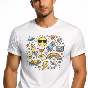 MosLuxarTrend Men’s White Cotton T-Shirt – Doodle Universe Graphic Tee