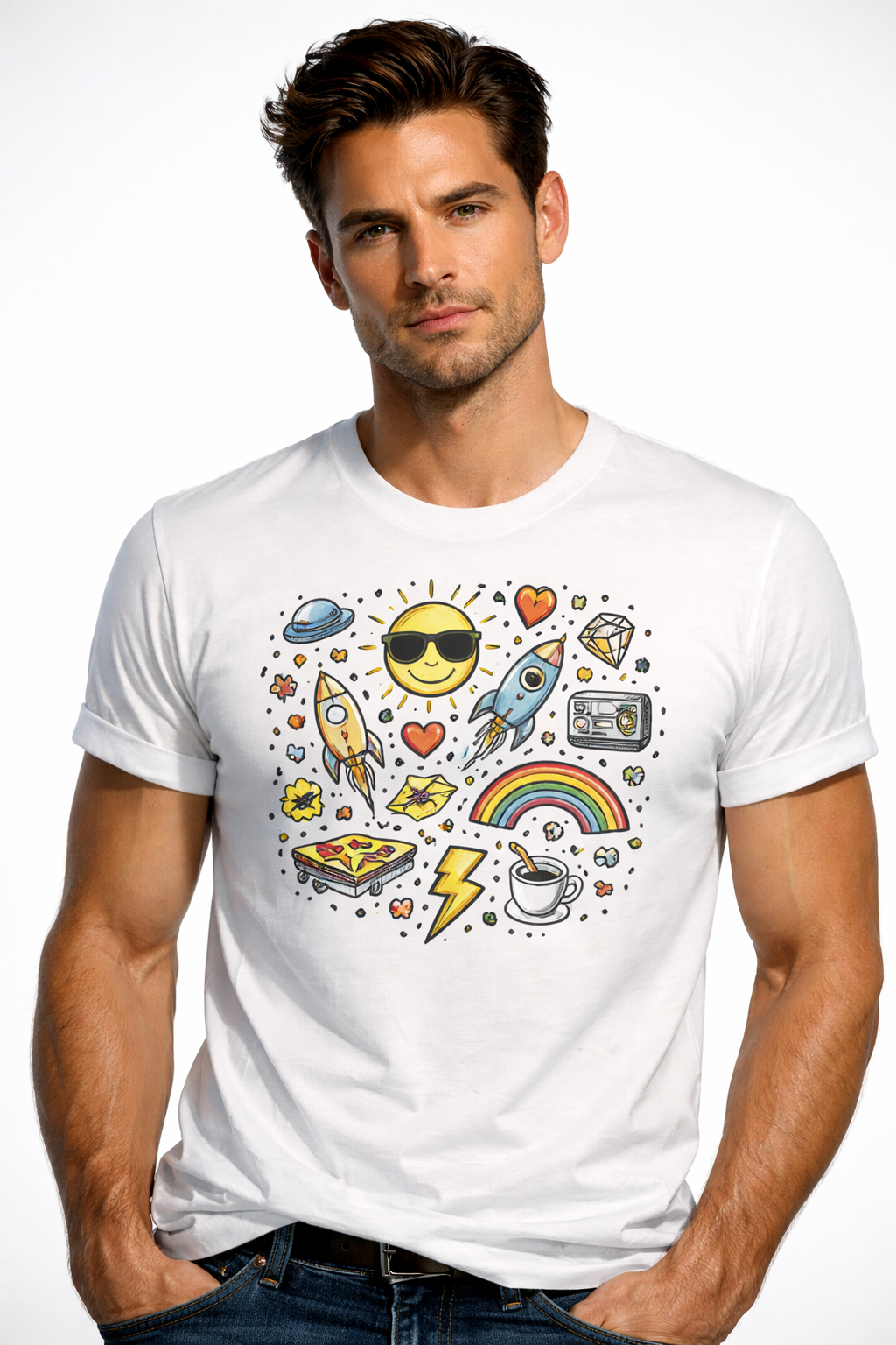 MosLuxarTrend Men’s White Cotton T-Shirt – Doodle Universe Graphic Tee