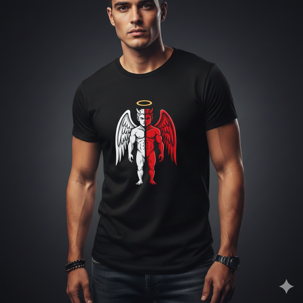 MosLuxarTrend Men’s Black Cotton T-Shirt Angel Demon Graphic Tee