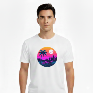 MosLuxarTrend Men’s White Cotton T-Shirt – Retro Neon Drive T-Shirt