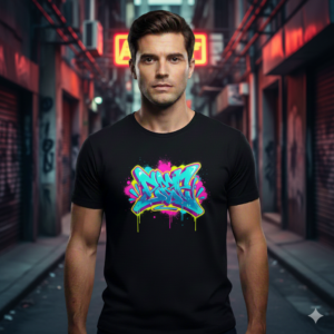 MosLuxarTrend Men’s Black Cotton T-Shirt Neon Street Graffiti T-Shirt